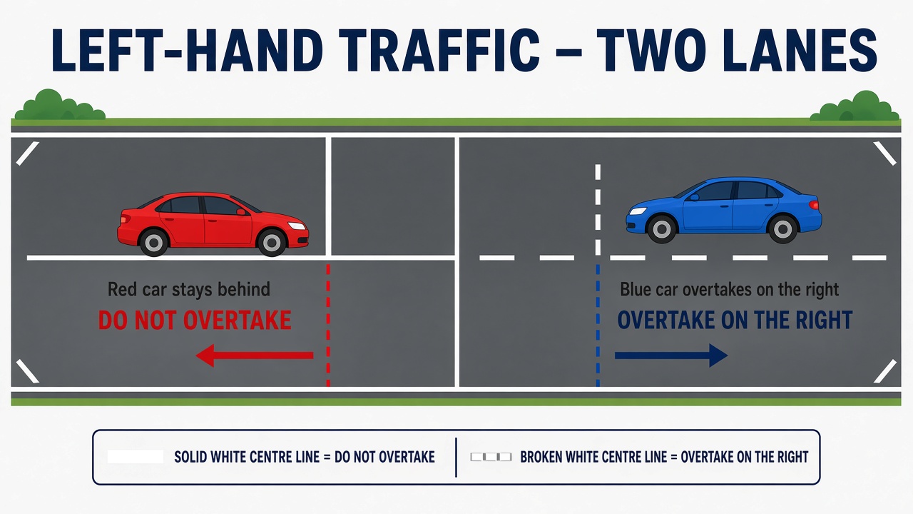 Study diagram of a forbidden overtake on a solid line and a lawful overtake on the right across a broken line.