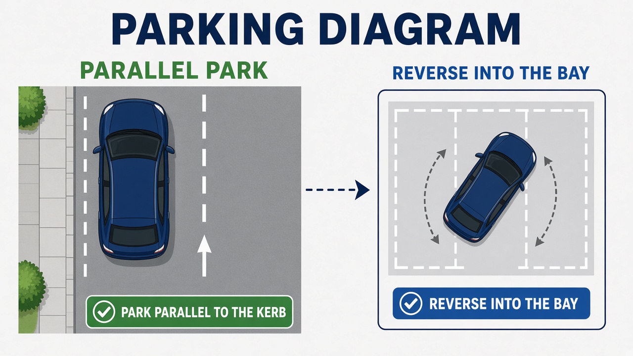 Study diagram of parallel parking and reversing into a bay.