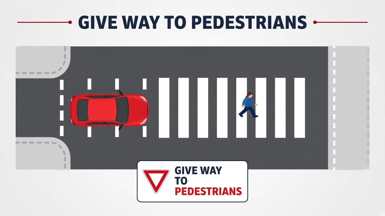 Study diagram of a car stopped at a zebra crossing while a pedestrian crosses.