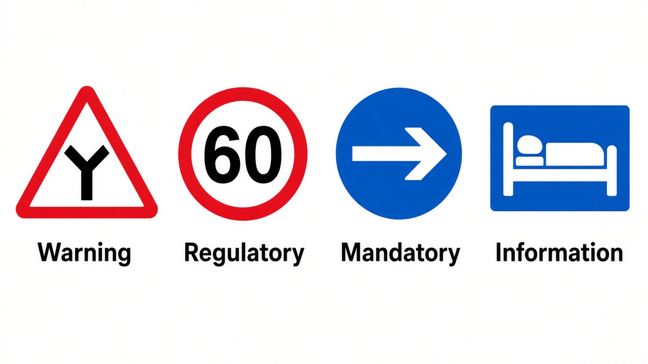 Four study signs: a warning triangle, a 60 speed limit, a blue mandatory arrow, and a blue information sign.