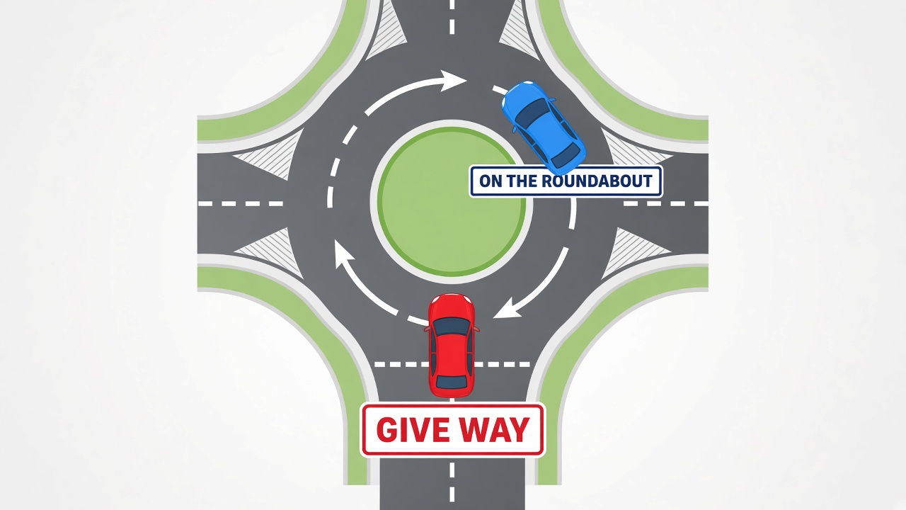 Study diagram of a roundabout. The entering car gives way to the car already on the roundabout.